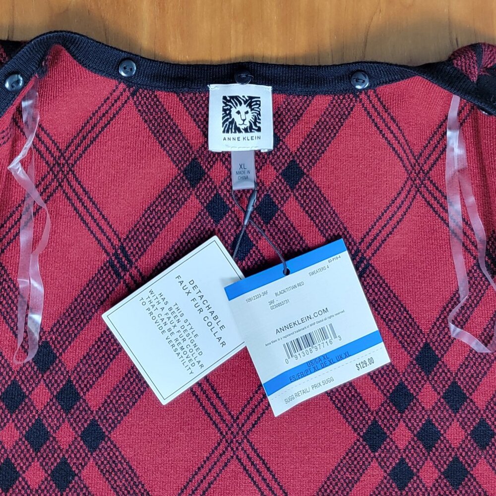 NWT Anne Klein Black & Red Full Zip Sweater Removable Faux Fur Collar - XL - Picture 14 of 15